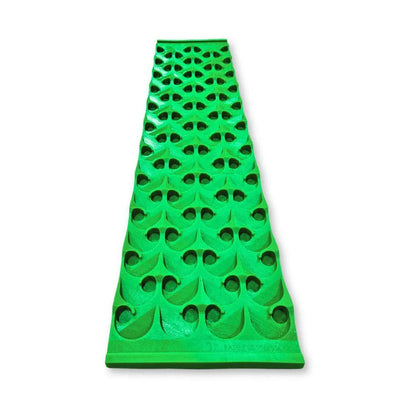 Front view of 8X36 Dredge Sluice Mat showcasing green raised riffles and openings on a white background