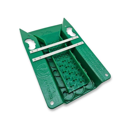 Top view of 9-Piece Expedition Gold Prospecting Kit showcasing green gold pan components and measuring bars on a white background