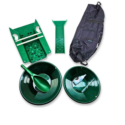 Top view of 9-Piece Expedition Gold Prospecting Kit with two green gold pans, scoop, classifier, mat, and black carry bag