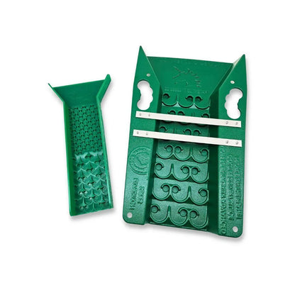 Front view of 9-Piece Expedition Gold Prospecting Kit showcasing green sluice mat sections with raised riffle patterns and metal bars on a white background