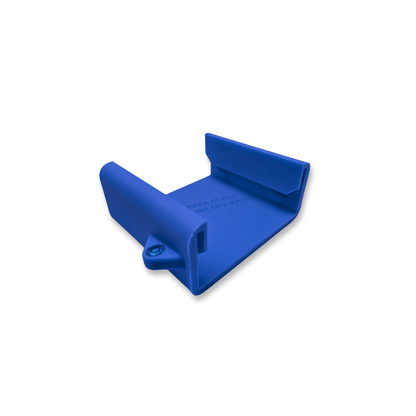 Angled view of the blue Adventure Sluice Extender Clip showcasing raised side walls and a mounting tab on a white background