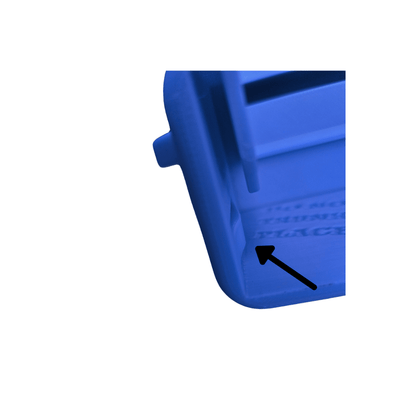 Close-up of the Adventure Sluice Header Box showcasing blue 3D-printed plastic construction on a white background