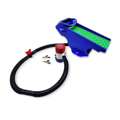 Top view of Gold Clean Up Buddy 12V kit showcasing blue sluice box with green Dream Mat, hose, and pump on white background