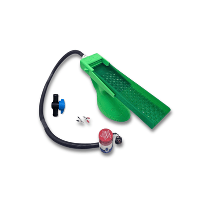 Green plastic gold panning sluice box with black hose, red pump, blue valve, and small clips.