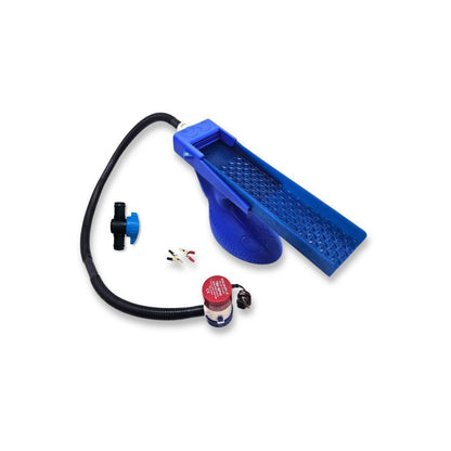 Blue plastic gold panning sluice box with a black hose, red pump, and valve.