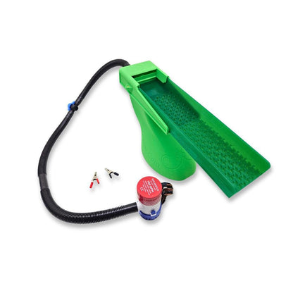 Green plastic sluice box with a black ribbed hose, red water pump, and two small clamps on a white background.