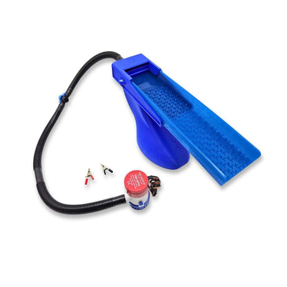 Blue plastic gold panning sluice box with black ribbed hose, red water pump, and two small alligator clips.