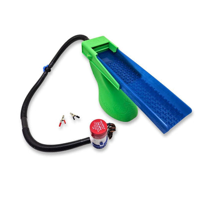 Green and blue plastic gold sluice with black hose, red pump, and two small clamps.