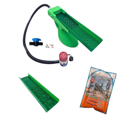 Green plastic gold panning sluice box with water pump, hose, valve, spare sluice, and a bag of paydirt.