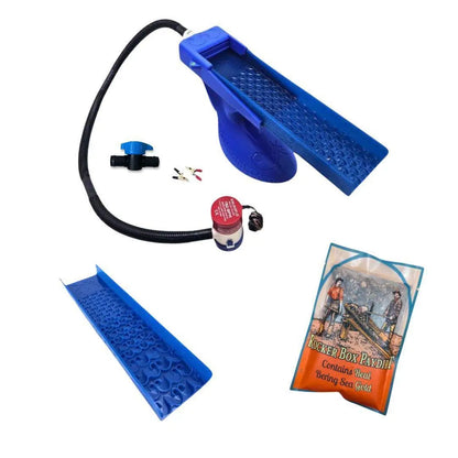 Three quarter view of Value Bering Sea Paydirt Bundle showcasing blue sluice equipment, hose and pump with paydirt bag