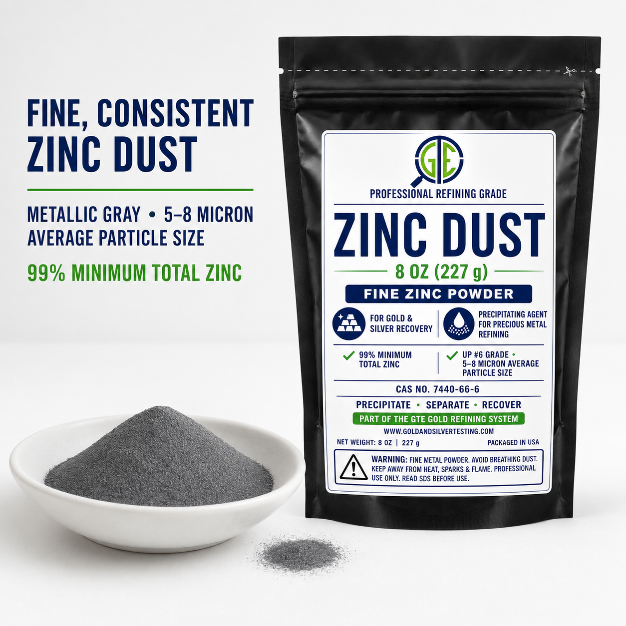 GTE Zinc Dust – UP #6 Fine Zinc Powder for Precious Metal Recovery, Refining, Plating and Industrial Applications