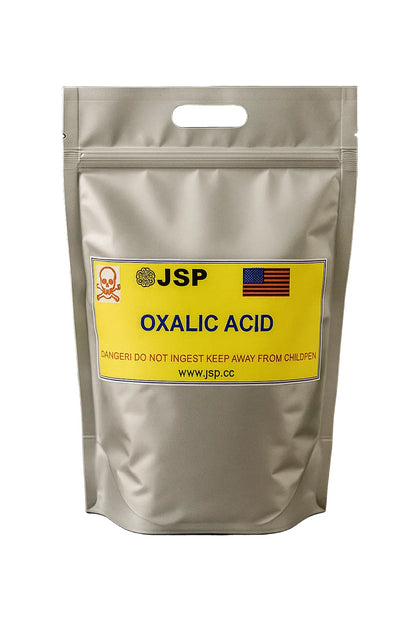 Front view of JSP oxalic acid powder bag showcasing its yellow OXALIC ACID label on a white background