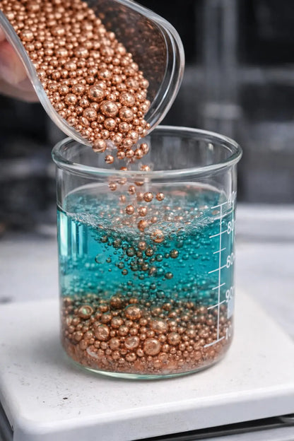 Close-up of high purity copper grain shot being poured into a graduated glass beaker with blue liquid