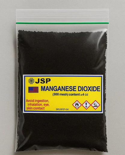 Front view of JSP manganese dioxide powder bag labeled 300 mesh and at least 4 oz with hazard warnings on a gray background