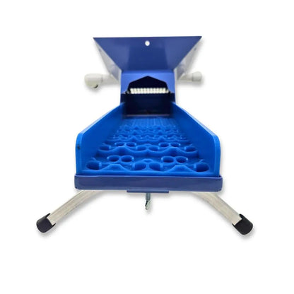Front view of 4X16 Micro Banker with Dream Mat showcasing blue riffle mat and folding legs on a white background