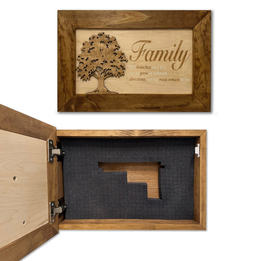 Wooden wall-mounted concealment case with Family tree art on the front and custom handgun foam cutout inside.