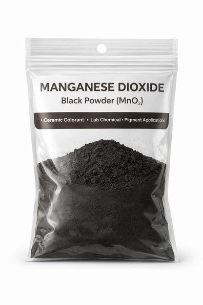 Front view of manganese dioxide powder bag showcasing black powder labeled for ceramic colorant, lab chemical, and pigment applications
