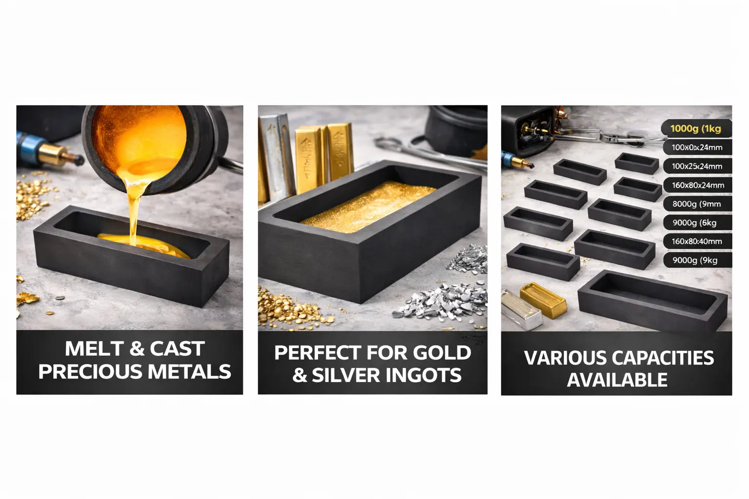 Graphite Ingot Mold for Gold & Silver Casting | 1000g–9000g (1kg–9kg) Capacities | High Purity Heat Resistant Mold GTE