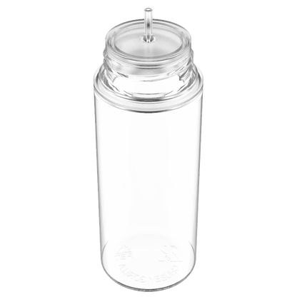 Front view of fine mist spray applicator for Flux showcasing clear 10 ounce bottle and top nozzle on transparent background