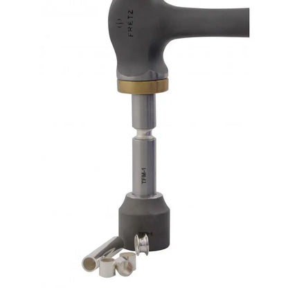 Close-up of FRETZ tube flaring tool kit for bead spacers showcasing the flaring tool and metal components on a white background