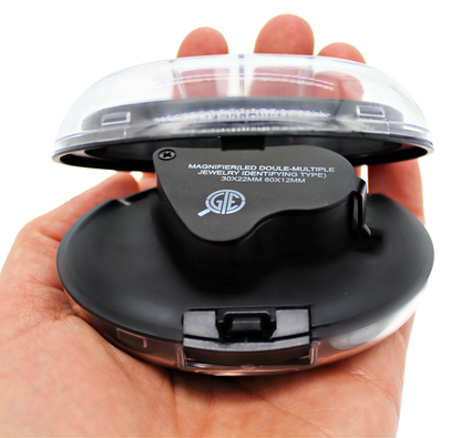 Close-up of LED eye loupe magnifier showcasing dual 30x and 60x lenses held in a hand