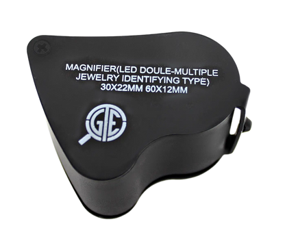 Front view of LED jewelry identifying loupe showcasing 30 by 22 millimeter and 60 by 12 millimeter lens markings on transparent background
