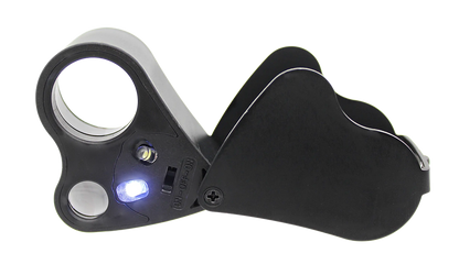 Side view of LED eye loupe magnifier showcasing built-in lights and black folding housing on a transparent background