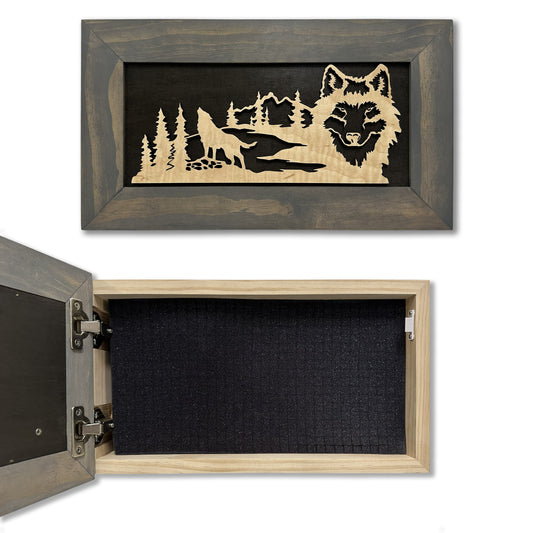 Gray wooden box with a carved wolf and forest scene on the lid; open view reveals black foam interior.