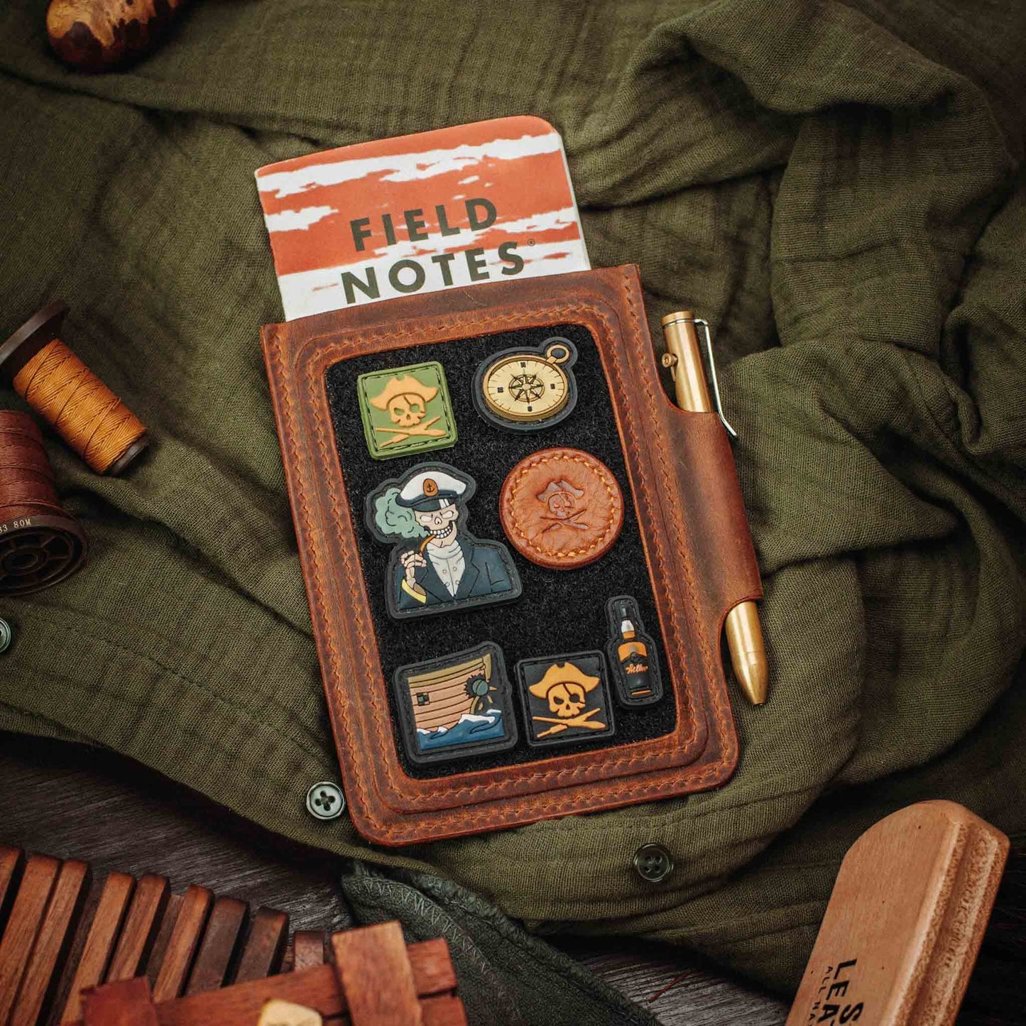 Velcro Journal Cover - Helmsman | Leather Field Notes Holder | Patch Display Pirate Goods