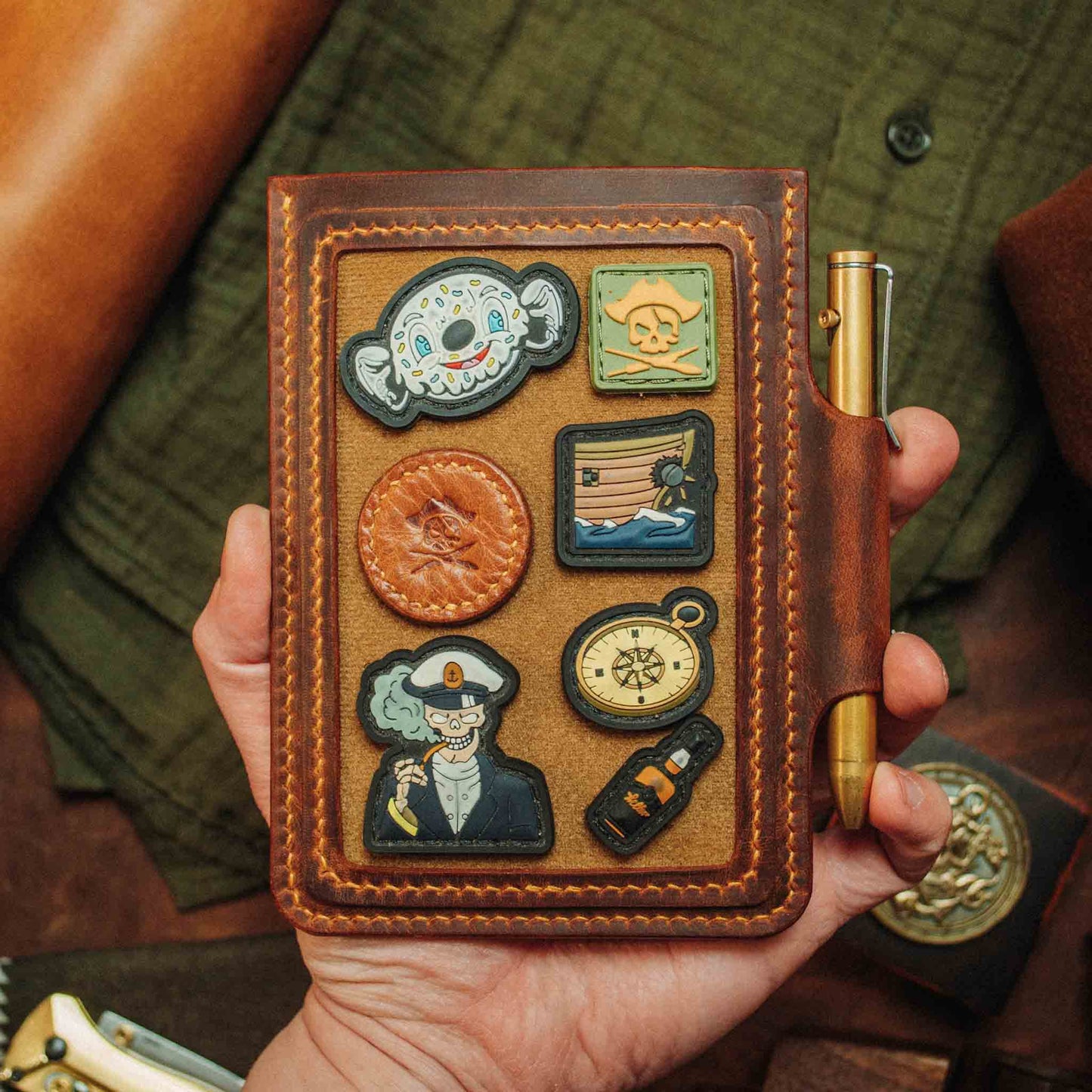 Velcro Journal Cover - Helmsman | Leather Field Notes Holder | Patch Display Pirate Goods