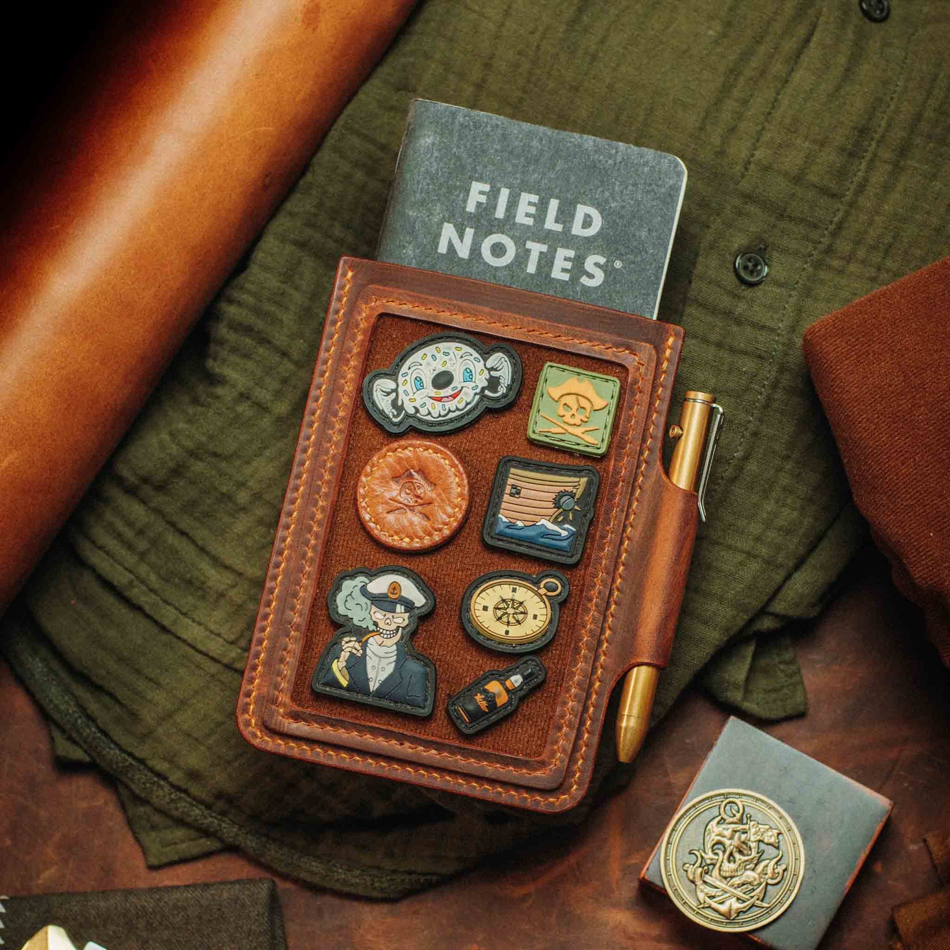 Velcro Journal Cover - Helmsman | Leather Field Notes Holder | Patch Display Pirate Goods