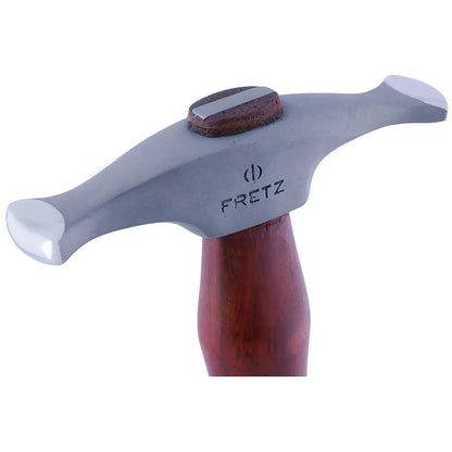 Close up of Rounded Narrow Hammer Precisionsmith Fretz HMR 408 showcasing curved narrow faces and wood handle on white background
