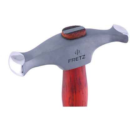 Side view of Rounded Wide Hammer, Fretz Precisionsmith HMR-409 showcasing metal head and red wooden handle on white background