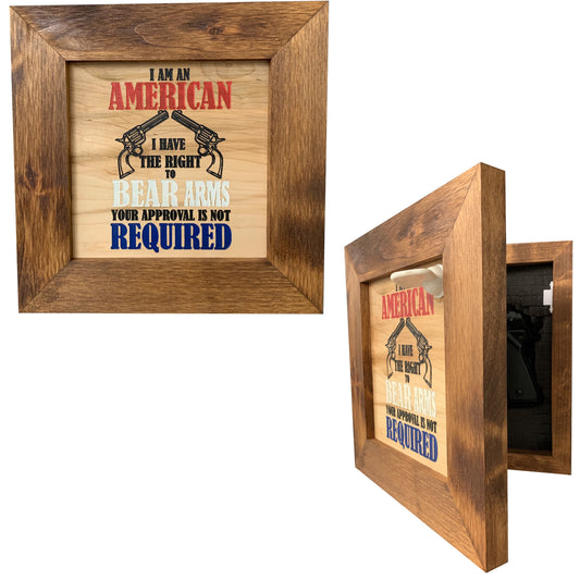 Dark wood frame hiding a gun storage compartment with text about bearing arms.