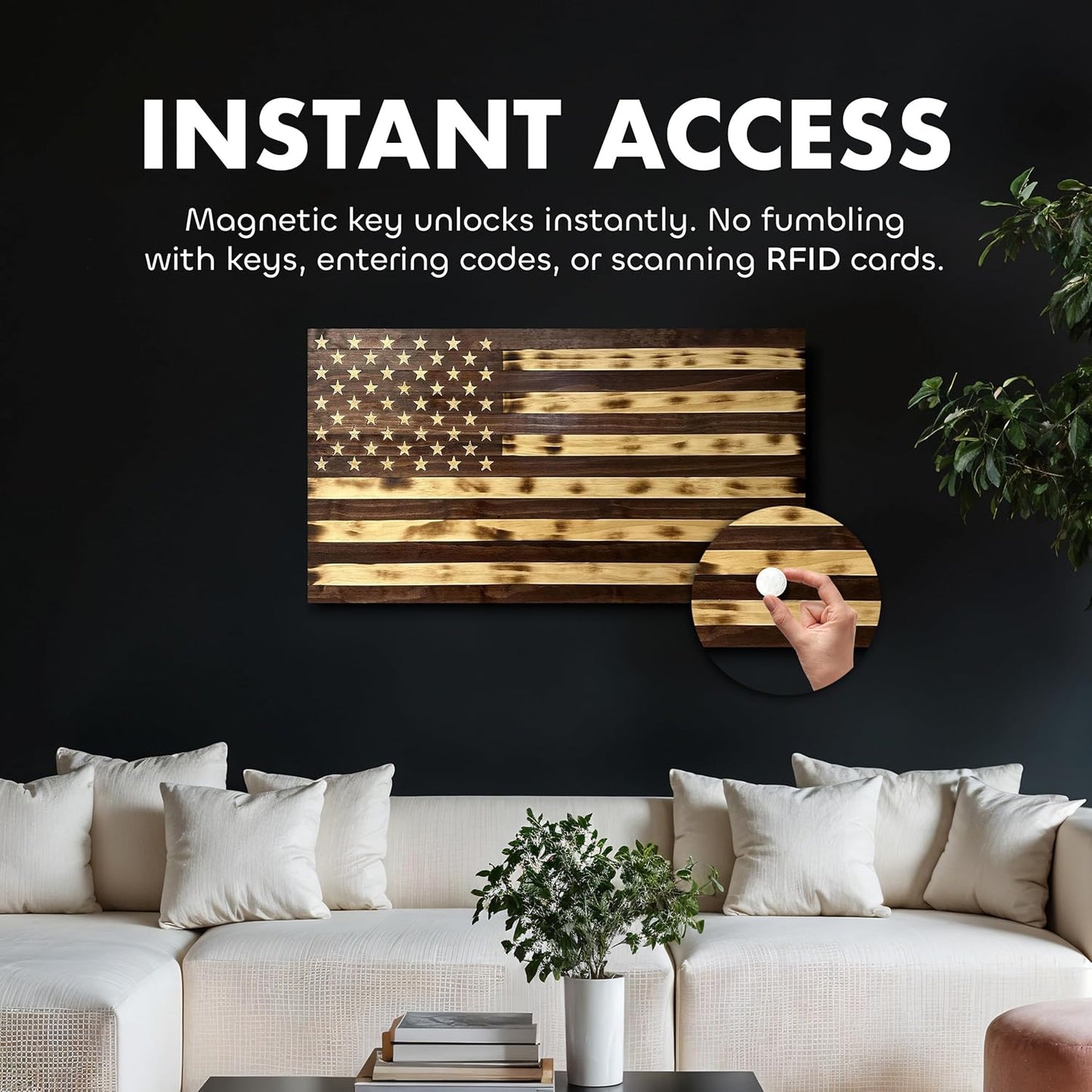Large American Flag Gun Safe - Quick Access Hidden Gun Safe for Rifles, Shotguns, & Handguns - Gun Concealment Furniture with Magnetic Lock - Gun Self Hidden Storage (Red Mahogany) Bellewood Designs