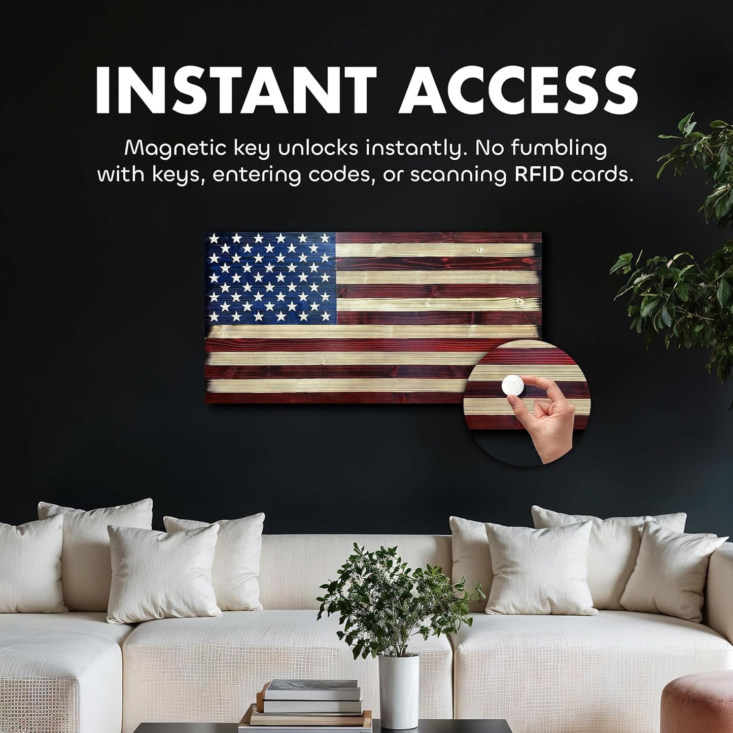 Large American Flag Gun Safe - Quick Access Hidden Gun Safe for Rifles, Shotguns, & Handguns - Gun Concealment Furniture with Magnetic Lock - Gun Self Hidden Storage (Red and Blue) Bellewood Designs
