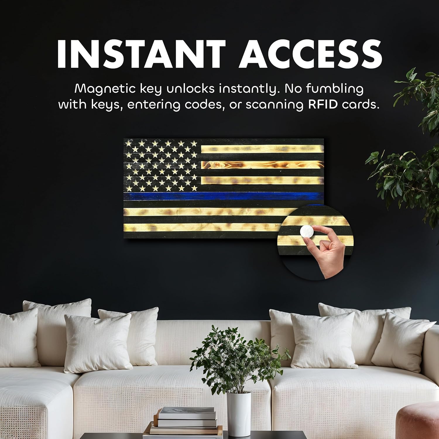 Large Thin Blue Line American Flag Gun Safe - Quick Access Hidden Gun Safe for Rifles, Shotguns, & Handguns - Gun Concealment Furniture with Magnetic Lock - Gun Self Hidden Storage (Blue Line) Bellewood Designs