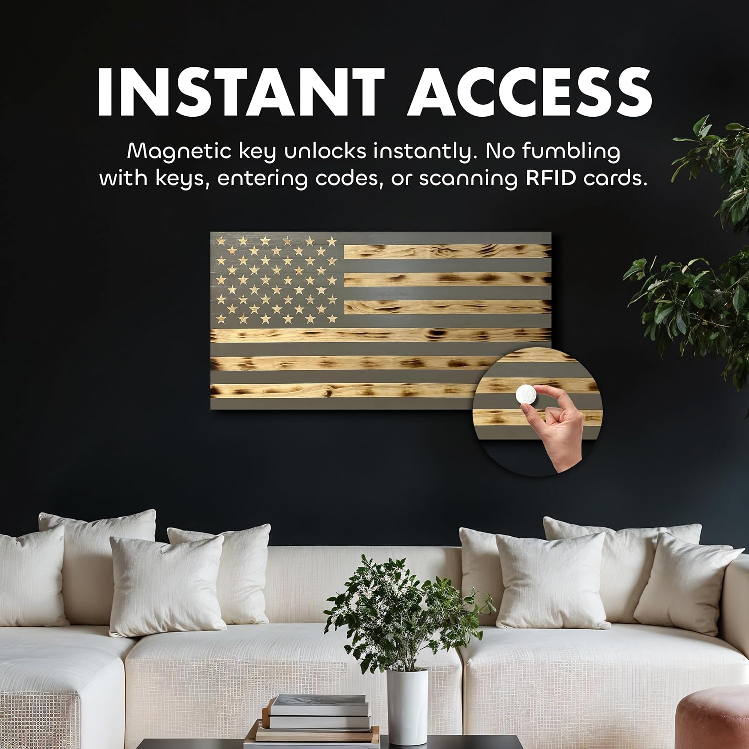 Large American Flag Gun Safe - Quick Access Hidden Gun Safe for Rifles, Shotguns, & Handguns - Gun Concealment Furniture with Magnetic Lock - Gun Self Hidden Storage (Gray) Bellewood Designs