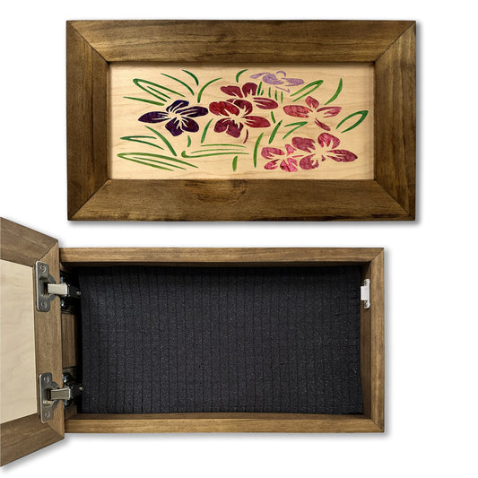Brown wooden box with a floral lid insert, shown closed and open with black foam interior.