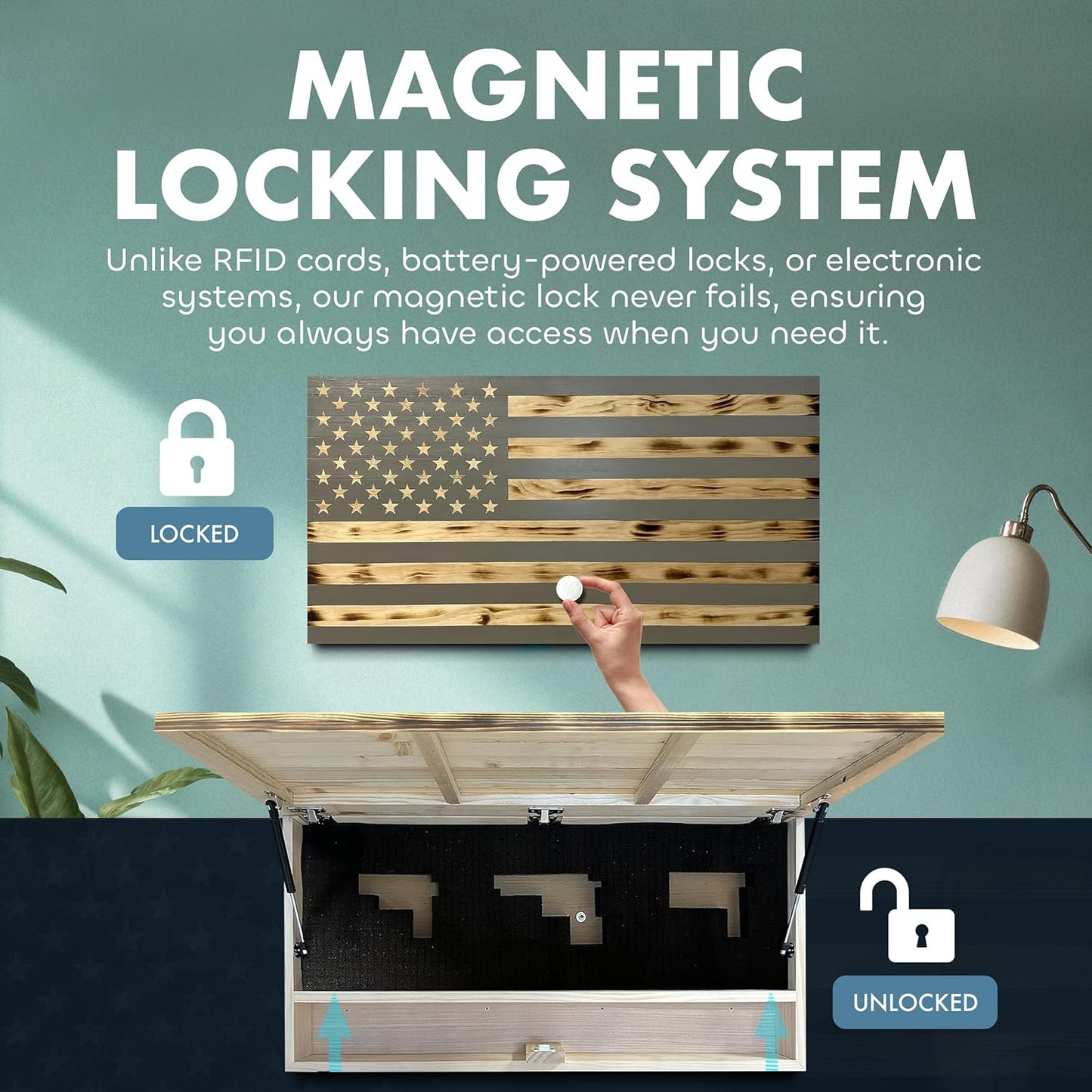 Large American Flag Gun Safe - Quick Access Hidden Gun Safe for Rifles, Shotguns, & Handguns - Gun Concealment Furniture with Magnetic Lock - Gun Self Hidden Storage (Gray) Bellewood Designs