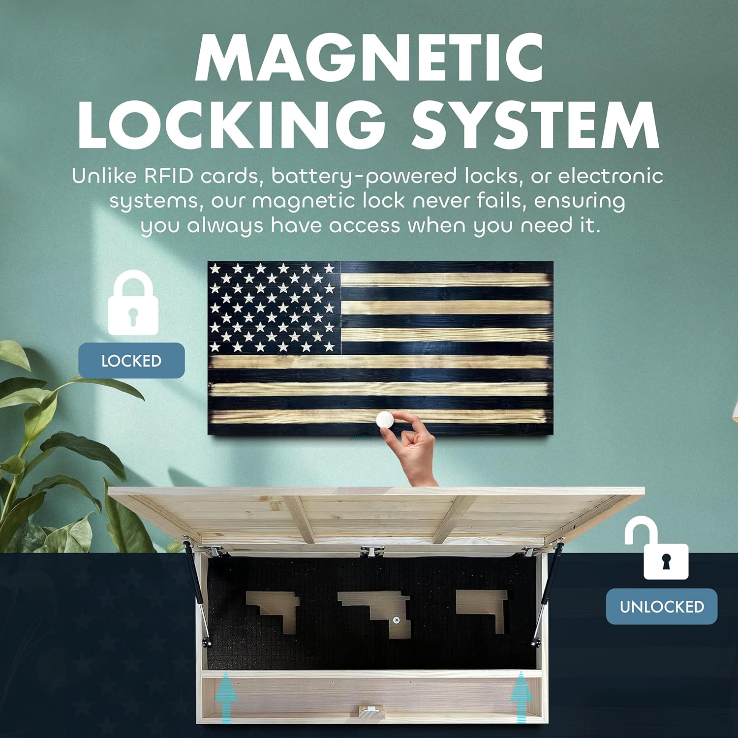 Large American Flag Gun Safe - Quick Access Hidden Gun Safe for Rifles, Shotguns, & Handguns - Gun Concealment Furniture with Magnetic Lock - Gun Self Hidden Storage (Black) Bellewood Designs