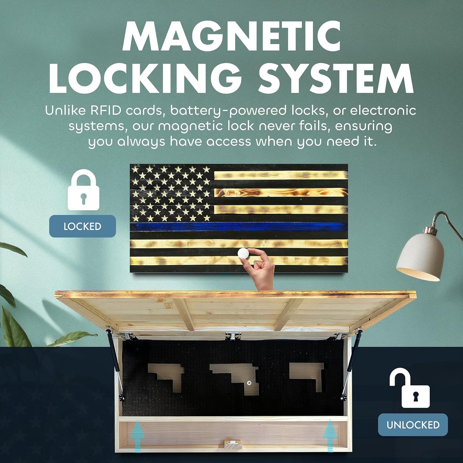 Large Thin Blue Line American Flag Gun Safe - Quick Access Hidden Gun Safe for Rifles, Shotguns, & Handguns - Gun Concealment Furniture with Magnetic Lock - Gun Self Hidden Storage (Blue Line) Bellewood Designs