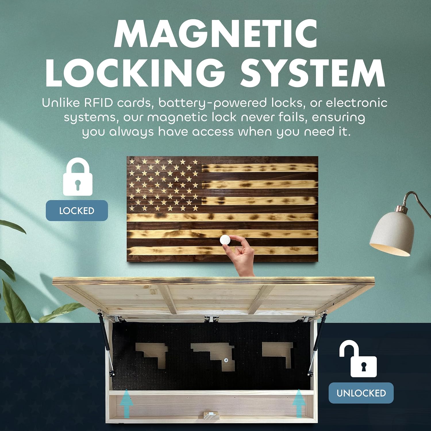 Large American Flag Gun Safe - Quick Access Hidden Gun Safe for Rifles, Shotguns, & Handguns - Gun Concealment Furniture with Magnetic Lock - Gun Self Hidden Storage (Red Mahogany) Bellewood Designs