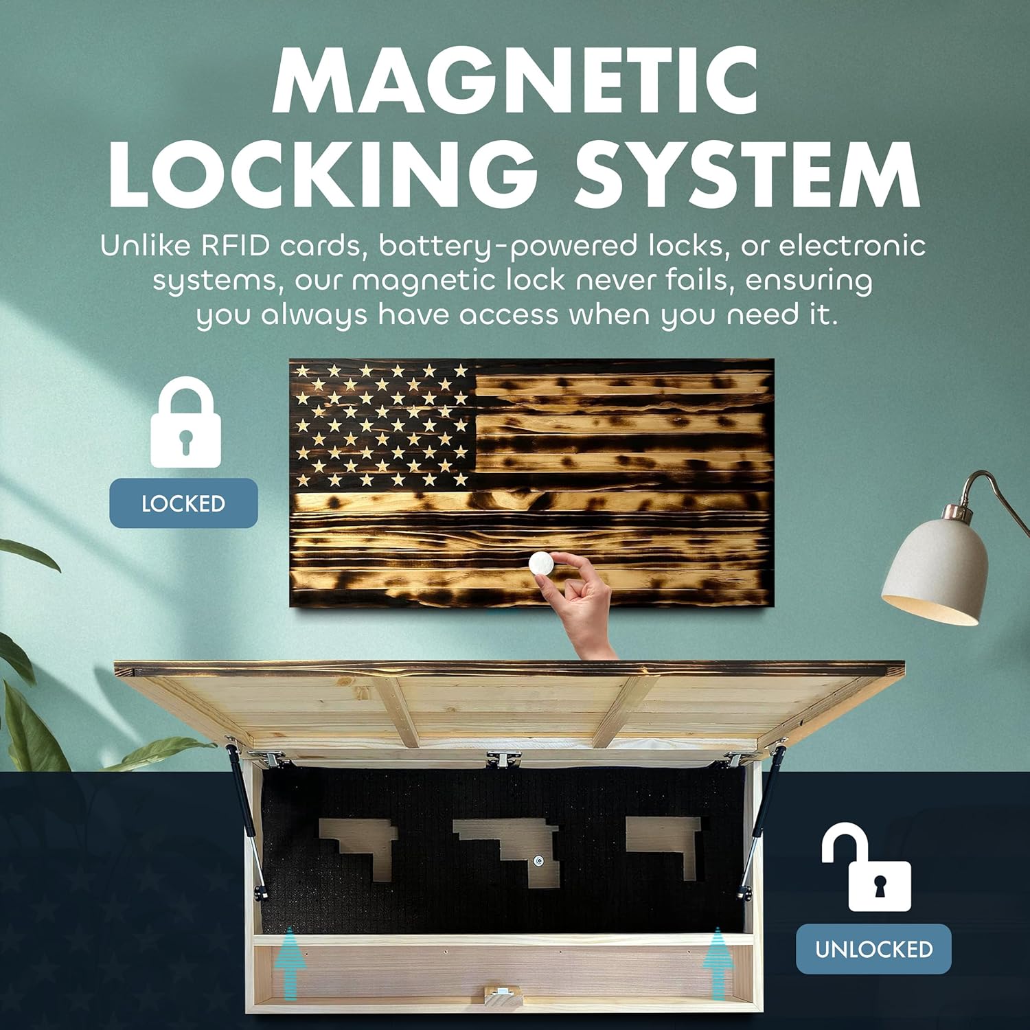 Large American Flag Gun Safe - Quick Access Hidden Gun Safe for Rifles, Shotguns, & Handguns - Gun Concealment Furniture with Magnetic Lock - Gun Self Hidden Storage (Burnt) Bellewood Designs
