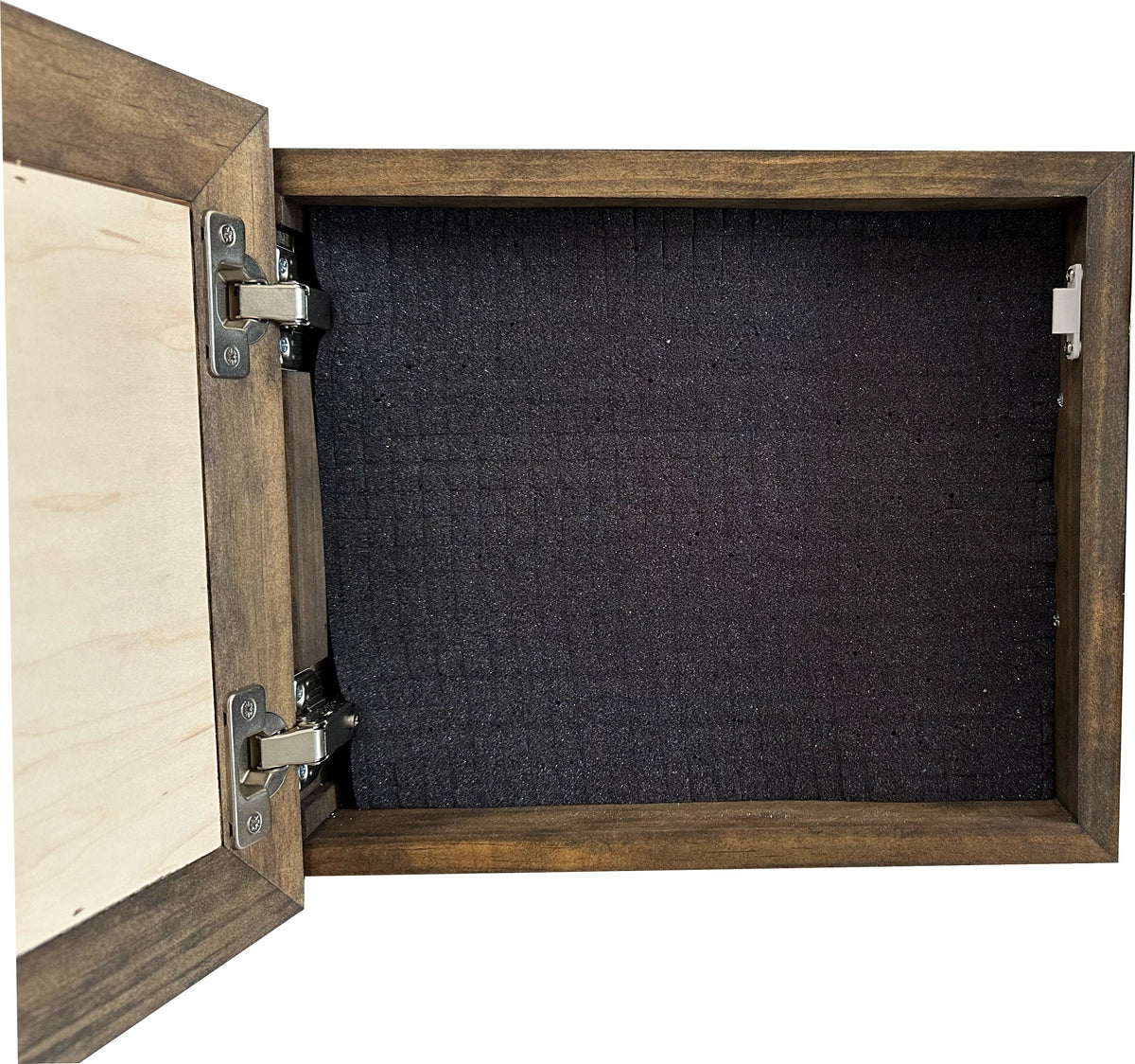 Open brown wooden box with a hinged door, lined with black protective foam inside.