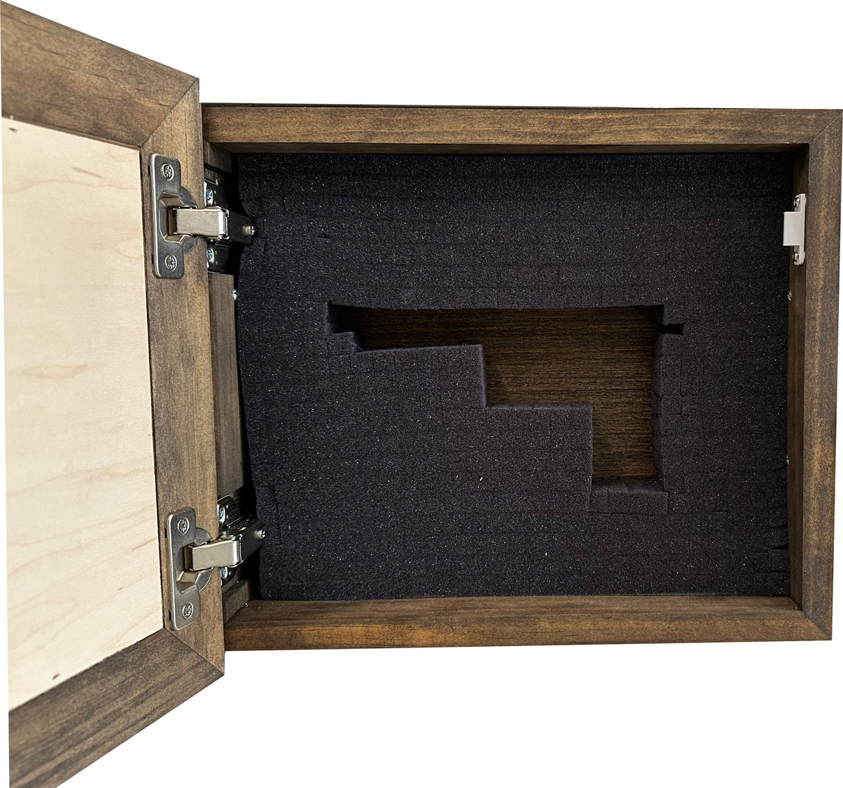 Dark brown wooden case with an open hinged door, revealing a black foam insert with a cutout.