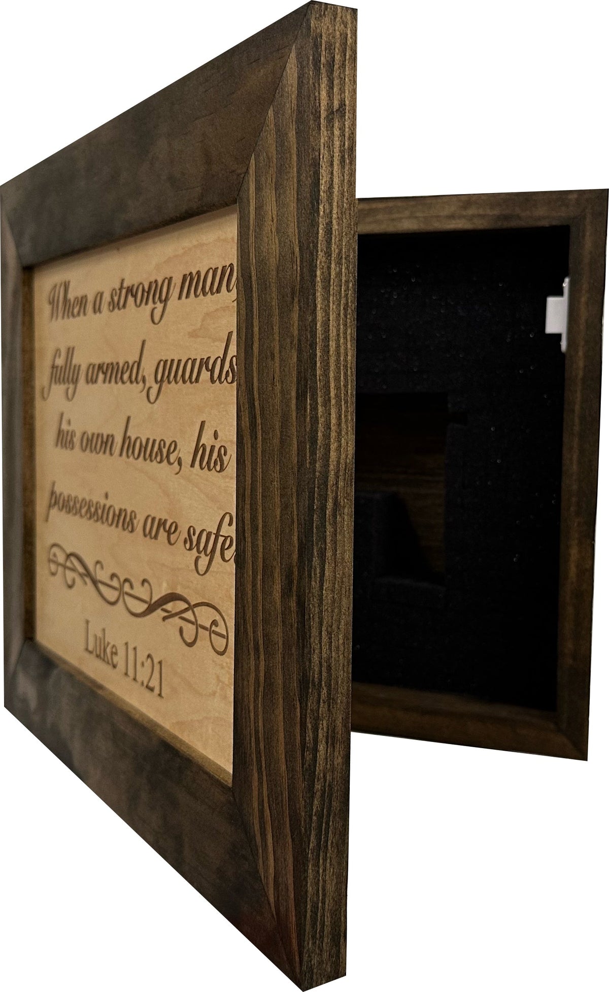 Dark wood diversion safe with Scripture quote on door, open to reveal black foam interior.