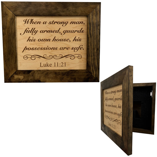 Dark stained wooden picture frame hiding a secret compartment lined with black foam.