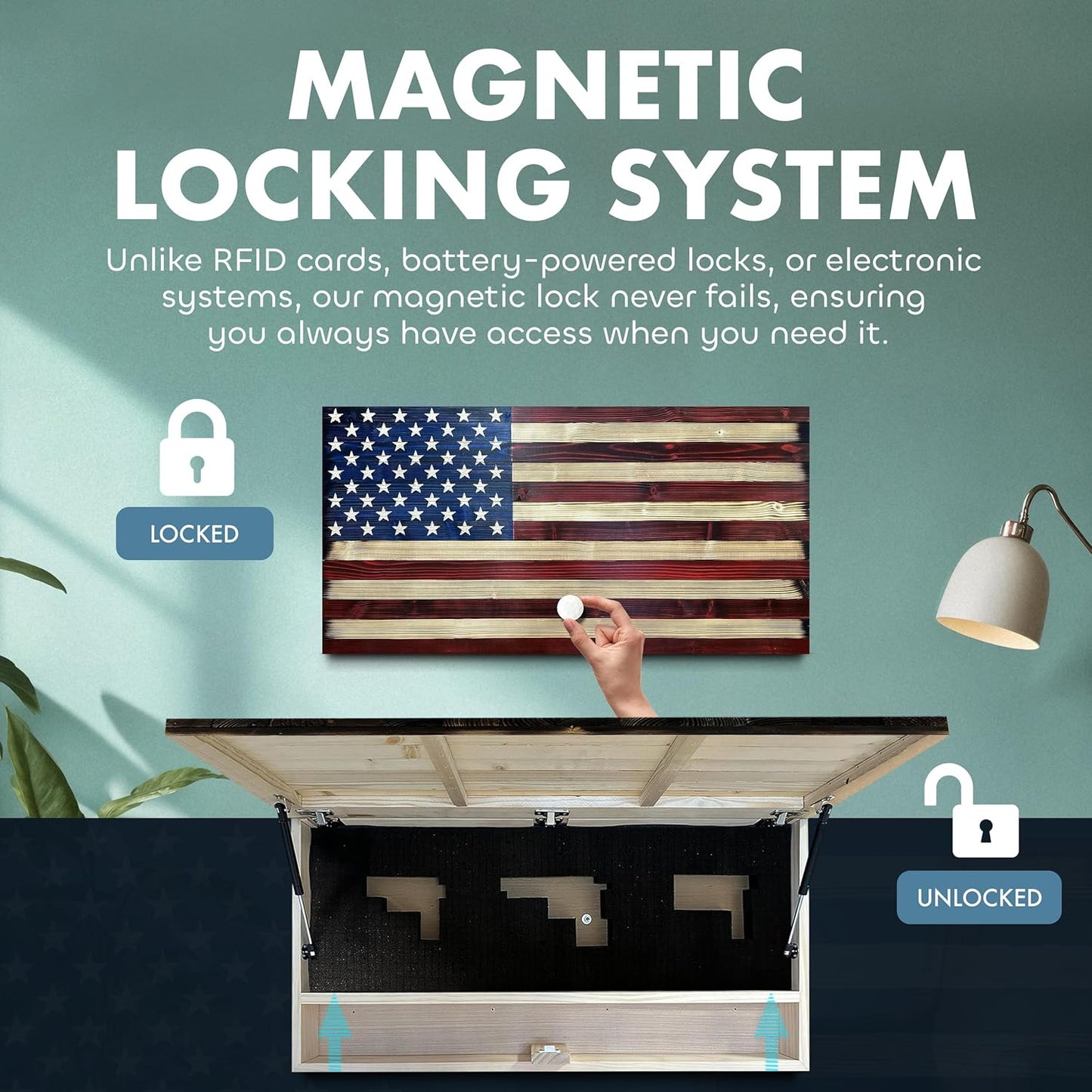 Large American Flag Gun Safe - Quick Access Hidden Gun Safe for Rifles, Shotguns, & Handguns - Gun Concealment Furniture with Magnetic Lock - Gun Self Hidden Storage (Red and Blue) Bellewood Designs