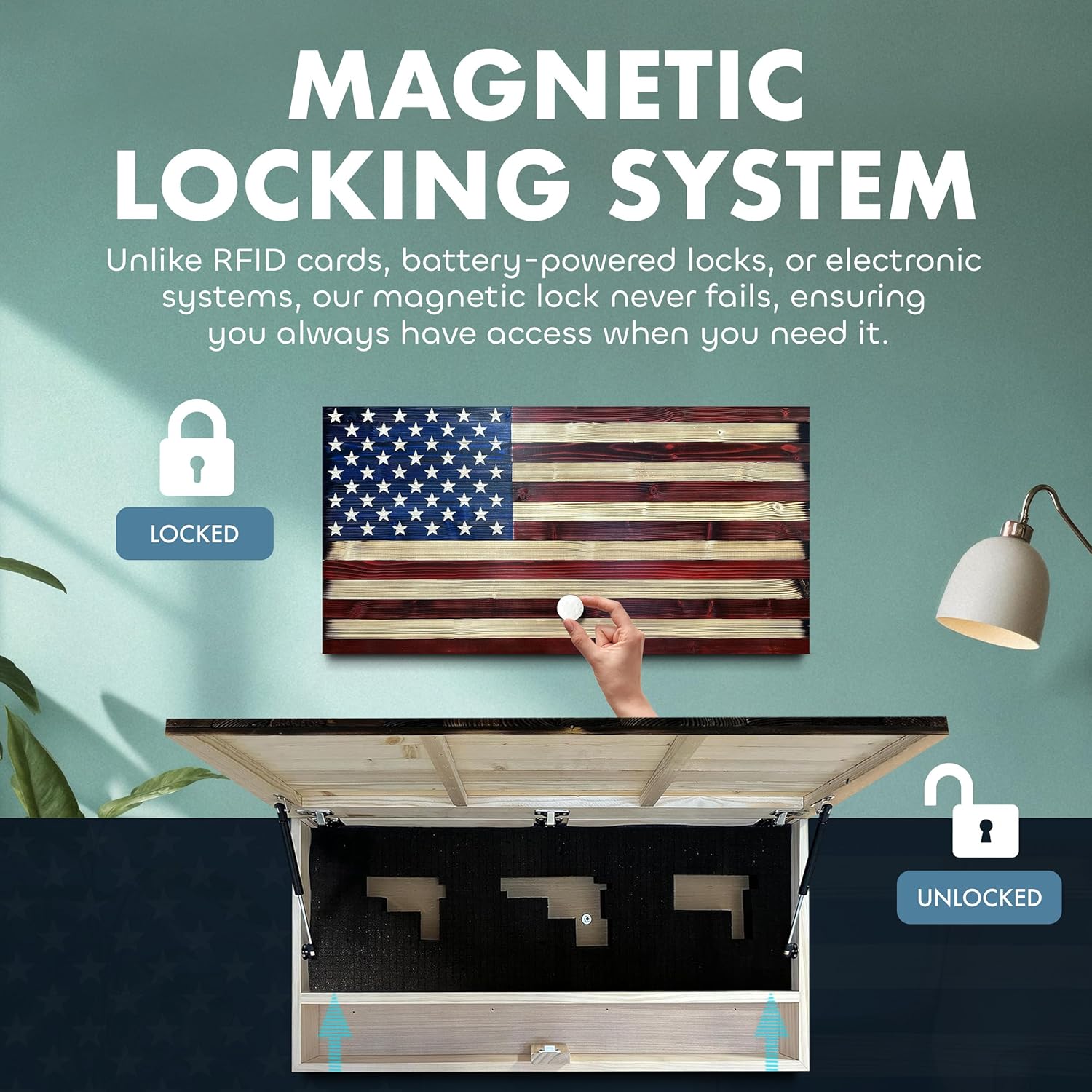 Large American Flag Gun Safe - Quick Access Hidden Gun Safe for Rifles, Shotguns, & Handguns - Gun Concealment Furniture with Magnetic Lock - Gun Self Hidden Storage (Red and Blue) Bellewood Designs